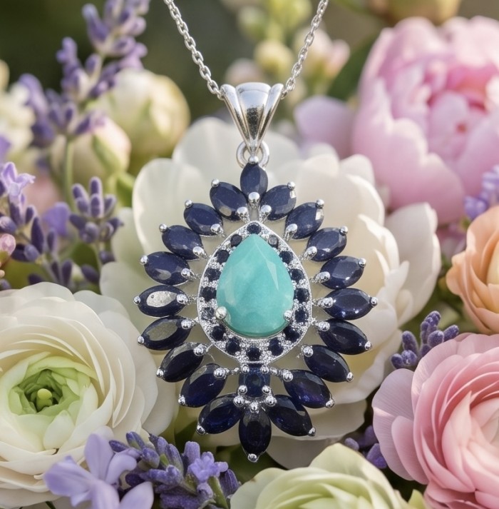 Amazonia - 18.8 carat Colombian Emerald .925 Sterling Silver handmade Statement pendant - Close-up of Amazonia emerald pendant in floral setting