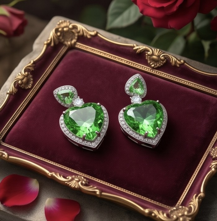 MOTHER NATURE - 18.5 carat Green Topaz .925 Sterling Silver handmade Statement earrings - Pair of green topaz earrings on a velvet display with ornate frame.
