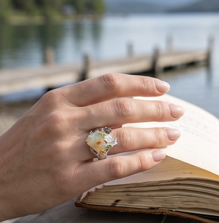 ENDLESS OCEAN 11.8 ctw Genuine Rough Ethiopian Opal .925 Sterling Silver handmade Ring size 8 - Opal ring worn on hand by the water with book in background.
