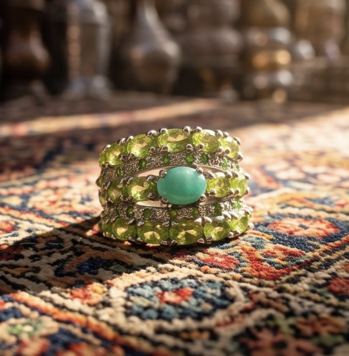 Giovanna- Authentic 2.5 CARAT natural Colombian Emerald 6.2 carat Peridot .925 Sterling Silver dipped in Rhodium handcrafted Ring size 7 - Close-up of Giovanna Colombian Emerald ring on a patterned surface.