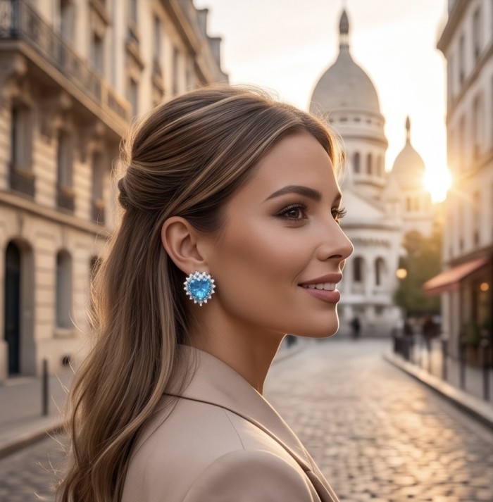 Heartes 6.7 carat Swiss Blue Topaz .925 Sterling Silver Handcrafted earrings - Side view of woman wearing Heartes 6.7 carat blue topaz earrings.