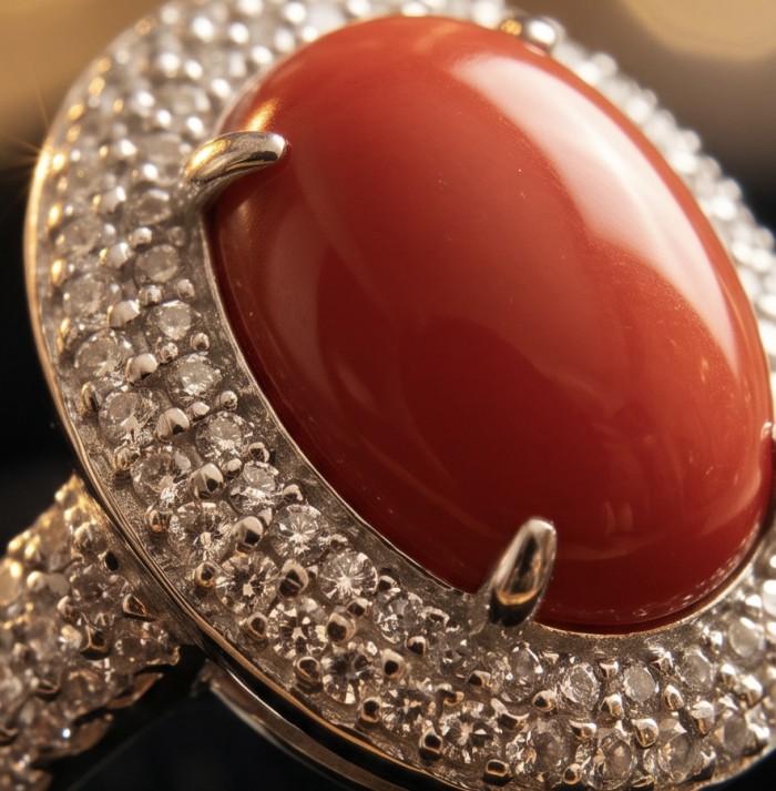 Elizabeth Natural Fossilized Coral 1.8 carat Moissanite .925 Sterling Silver handcrafted ring s. 7 - Close-up of Elizabeth fossilized coral ring with moissanite accents.