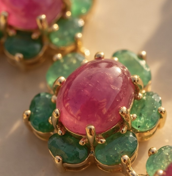 Juicy 22.2 carat Natural Kasmir Ruby 8.2 carat Colombian Emerald .925 Sterling Silver dipped in 22K Gold handcrafted Statement necklace - Close-up of ruby and emerald jewelry with gold prongs.