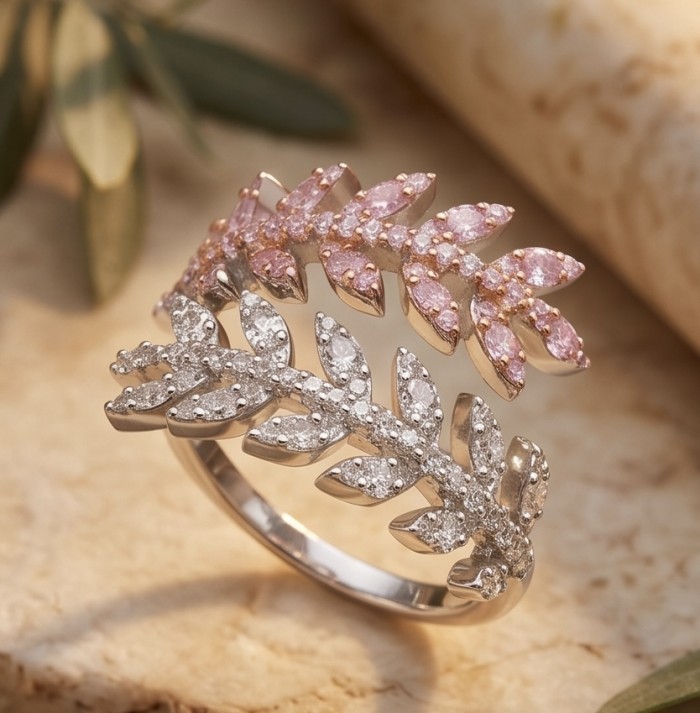 Precious 3.2 carat pave White Topaz 2 tones .925 Sterling Silver Handcrafted Cocktail Ring s. 7 1/2 - Dual-tone leaf design ring with white and pink stones, top view.