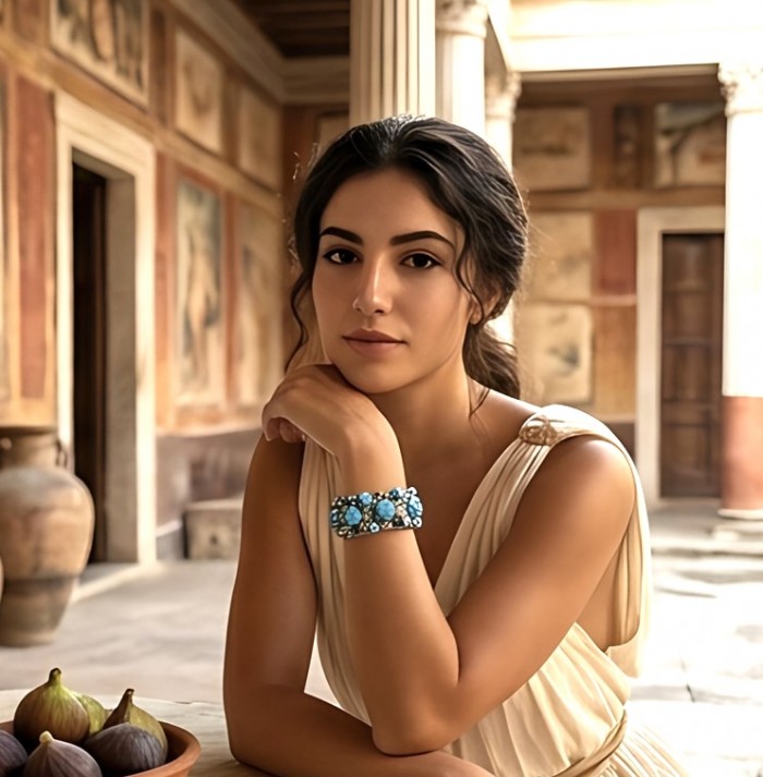 Pacifica - 47.2 carat Turquoise 4.8 carat Sapphire .925 Sterling Silver handmade Statement Bracelet - Woman wearing Pacifica bracelet with turquoise and sapphire stones.