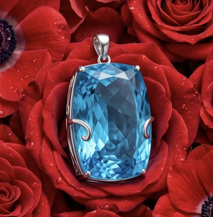 Tiffany Incredible baquette cut 32.4 carat Swiss Blue Topaz rhodium over .925 Sterling Silver handcrafted pendant - Close-up of Swiss Blue Topaz pendant on red roses.