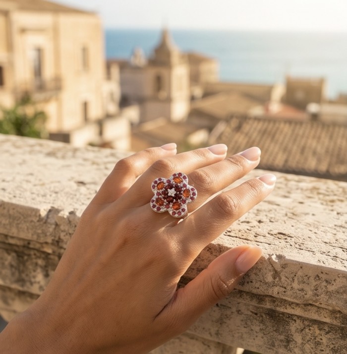 María Rosa - Real Art - Natural 10.9 carat Garnet .925 Sterling Silver handcrafted Statement brilliantly Statement Ring size 9 - Worn on hand, floral garnet ring with scenic background.