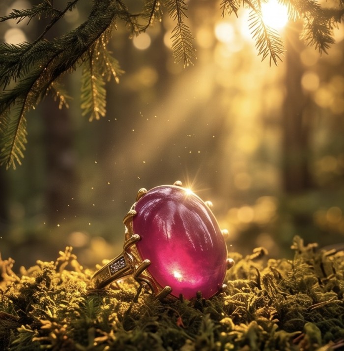 Abundant Blessings - Precious - Genuine 38.5 carat Star Ruby 18K Gold over .925 Sterling Silver handmade Ring size 7 - Close-up of a ruby ring on moss, sunlight creating a glowing effect