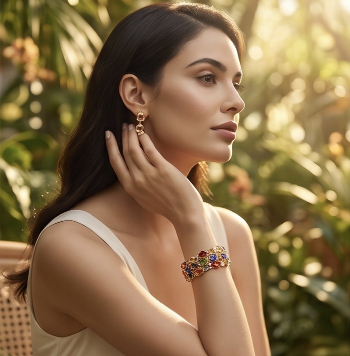 Tutti Frutti 125.5 CARAT MULTIGEM 14k Gold over .925 Sterling Silver brilliantly handcrafted Bracelet - Side view of model wearing Tutti Frutti multigem bracelet and earrings.