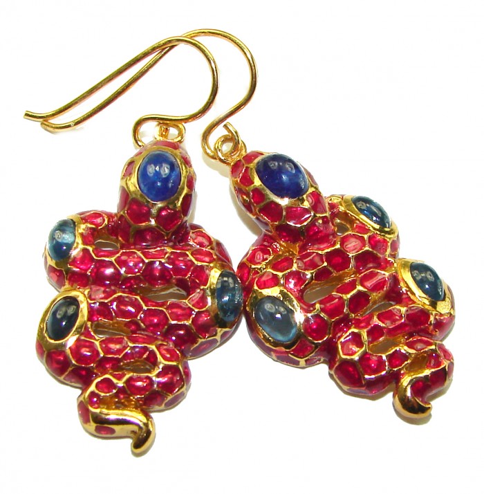 Very Unique Snakes Ruby Enamel 18K Gold over .925 Sterling Silver handcrafted earrings - photo 3