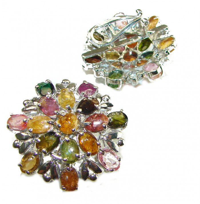 Luxurious 35.5 ctw Brazilian Watermelon Tourmaline .925 Sterling Silver handcrafted Statement earrings - Colorful tourmaline earrings with floral design, front and back view.