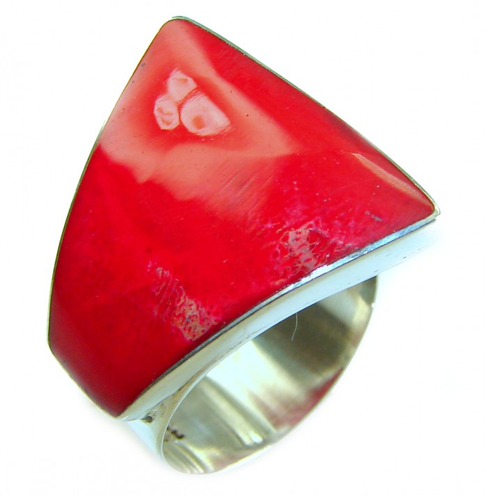 Bohemian Style Natural Fossilized Coral .925 Sterling Silver handmade ring s. 7 adjustable - Close-up of Bohemian style coral and sterling silver ring.