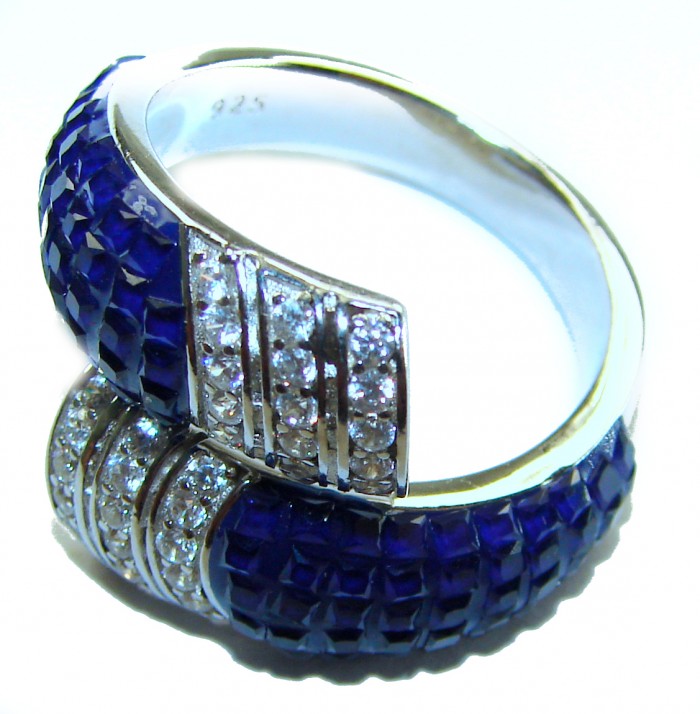 Art Deco 10.2 carat Sapphire .925 Sterling Silver handcrafted Ring size 8 - Art Deco Sapphire Sterling Silver ring, side close-up view.
