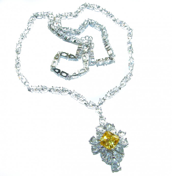 60.5 carat fancy cut Authentic Yellow Sapphire .925 Sterling Silver handcrafted Statement Necklace - Necklace with yellow sapphire pendant, front view, intricate chain detail.
