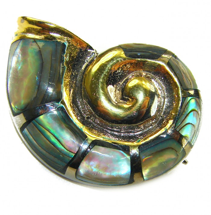 Gift of the Sea Natural Rainbow Abalone 18K Gold over .925 Sterling Silver handmade Pendant - Close-up of a spiral brooch with abalone and 18K gold accents.