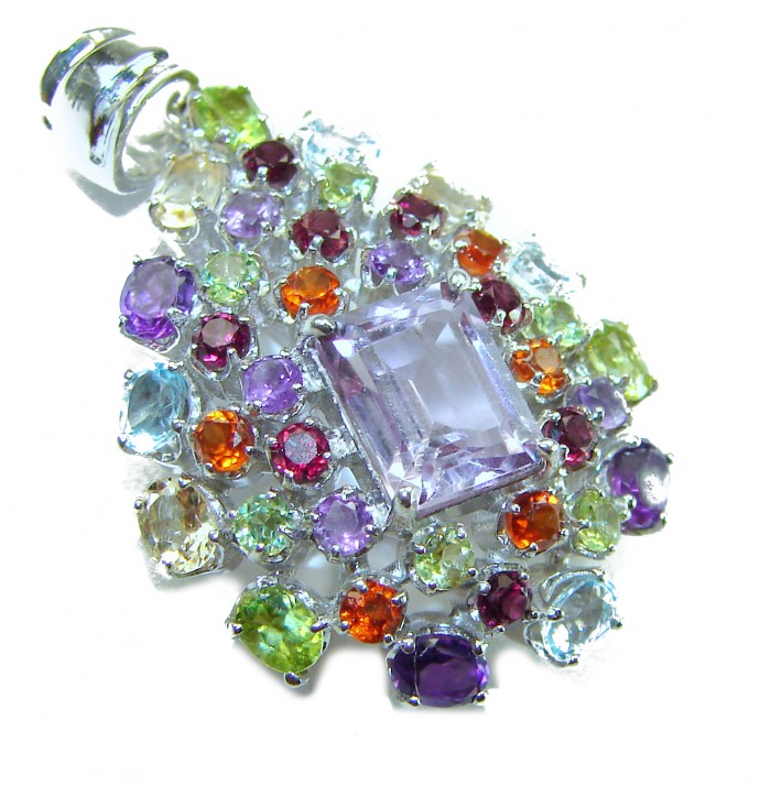 Mademoiselle - 18.4 CARAT authentic Amethyst .925 Sterling Silver handcrafted Pendant - Multi-gemstone pendant featuring amethyst, top view.