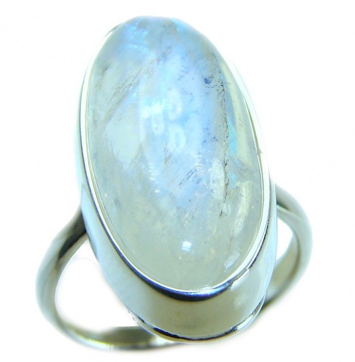 Top quality AAA+ quality Rainbow Moonstone .925 Sterling Silver handmade ring s. 9 1/4 - Close-up of Rainbow Moonstone ring in sterling silver.