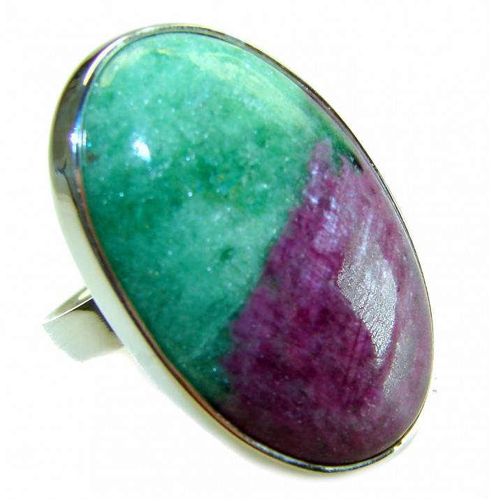 Authentic Ruby in Zoisite .925 Sterling Silver handmade Cocktail Ring s. 8 adjustable - Ruby in Zoisite ring close-up, .925 Sterling Silver setting.