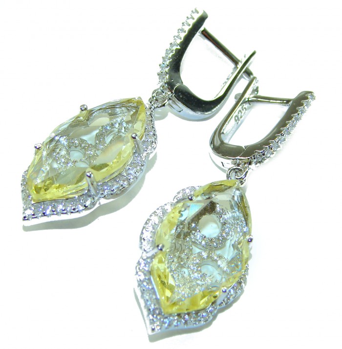 Costa del Sol 15.8 carat Lemon Quartz .925 Sterling Silver handcrafted Statement Earrings - Lemon quartz and silver earrings, stone close-up.