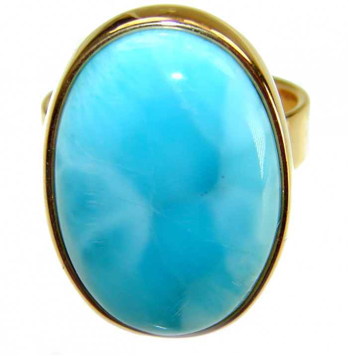 Blue Perfection Top QUALITY Blue Larimar 18K Gold over .925 Sterling Silver handmade Large ring size 6 adjustable - Close-up of blue Larimar ring set in 18K gold.