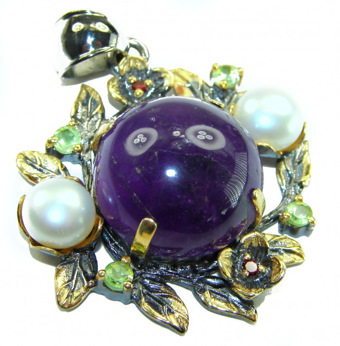 Mademoiselle - 15.4 CARAT authentic Amethyst BLACK RHODIUM OVER .925 Sterling Silver handcrafted Pendant - Close-up of amethyst pendant with pearls and floral accents