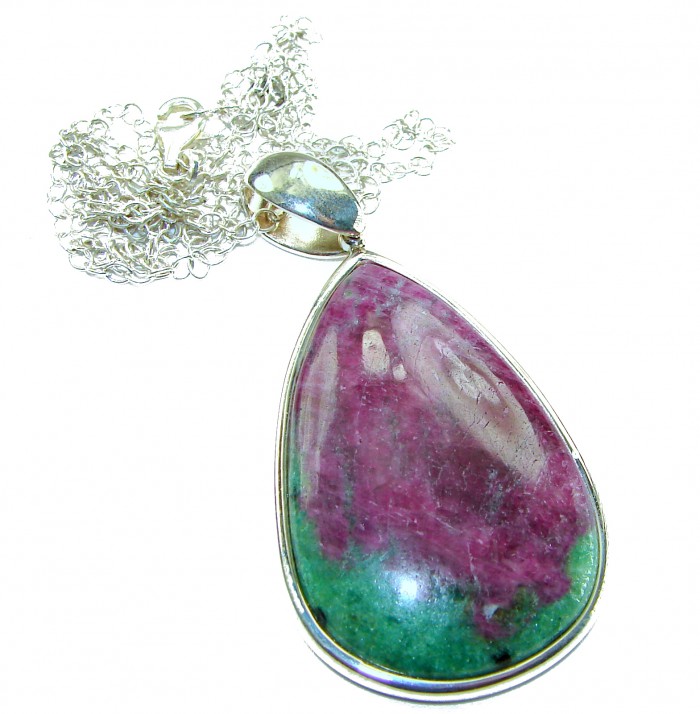 Boho Style Genuine Ruby in Zoisite .925 Sterling Silver handmade necklace - Close-up of Boho Ruby in Zoisite pendant with chain.