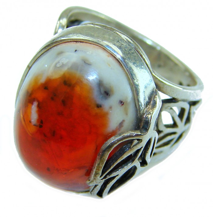 Queen of Fire best quality 17.4 carat Mexican Opal 18K Rose Gold over .925 Sterling Silver handmade ring 7 - Mexican Opal ring stone close-up with intricate metalwork details.