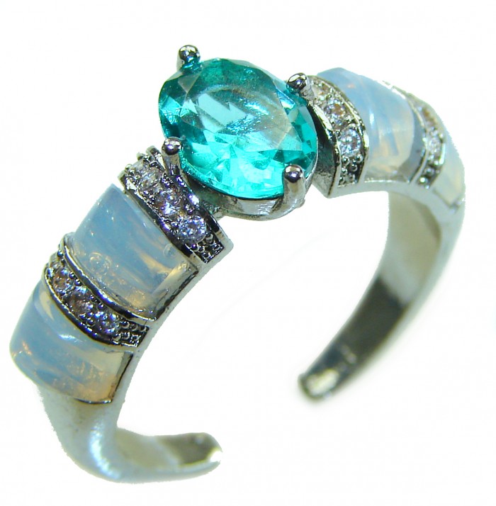Wonderland 3.1 carat Paraiba Tourmaline .925 Sterling Silver Handcrafted Ring size 7 1/4 - Side view of sterling silver ring with Paraiba tourmaline and accent stones.