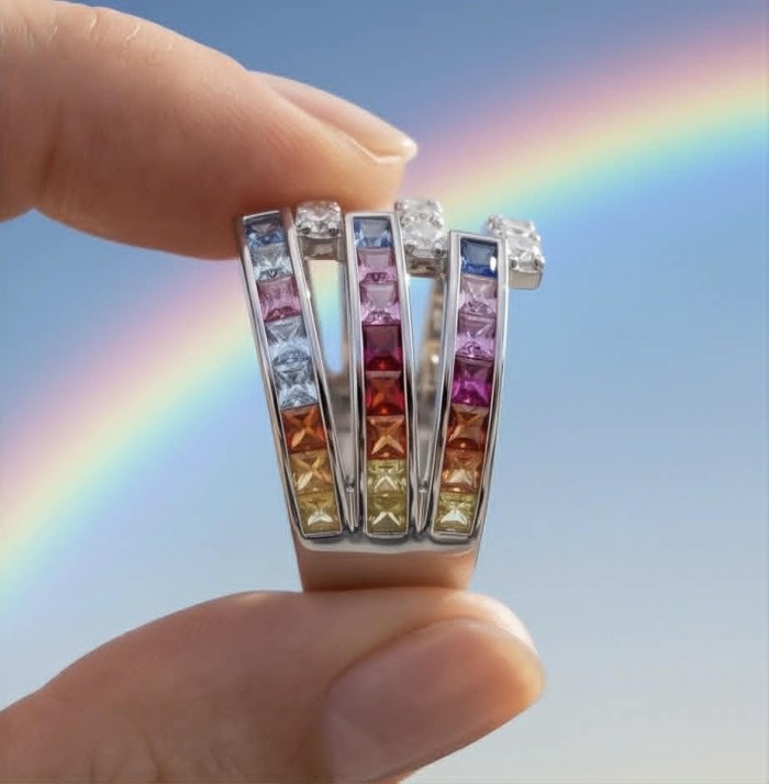 My own Rainbow - authentic 8.7 carat multigem .925 Sterling Silver Eternity Ring size 7 - Close-up of multigem rainbow ring held between fingers, sky background.