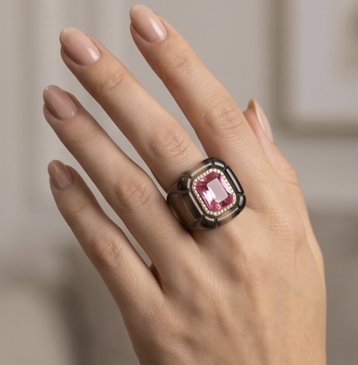 Candy Store - Modern Design Natural Brown Raisin Pink Topaz .925 Sterling Silver ring size 8 1/4 - Modern ring with pink topaz, worn on hand, elegant design.