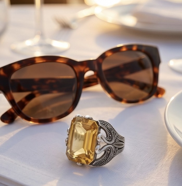 Two Swans Authentic 27.4 carat Lemon Quartz .925 Sterling Silver brilliantly handcrafted large Statement Ring size 8 - Close-up of lemon quartz ring with tortoiseshell sunglasses on a table.