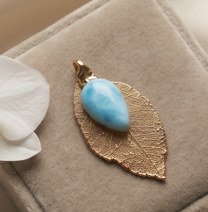 Stylish REAL Leaf dipped in copper 14.5 carat Larimar .925 Sterling Silver and Copper Pendant - Leaf pendant with blue stone on soft surface, top view