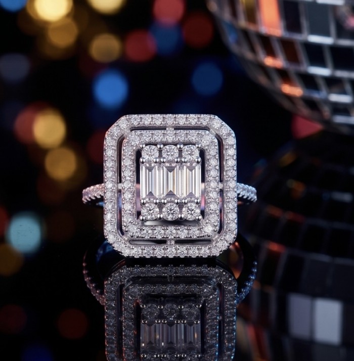 Esmeralda - Precious 10.5 carta White Topaz rhodium over .925 Sterling Silver Statement ring size 6 1/2 - Close-up of Esmeralda ring with white topaz and rhodium over .92.