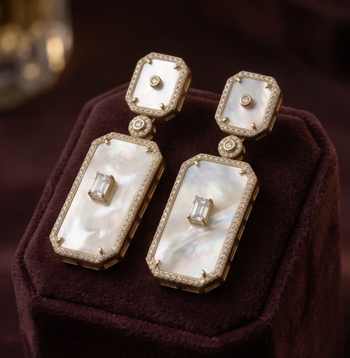 Genuine Blister Pearl lab grown Diamond 18K Gold over .925 Sterling Silver handcrafted Large Statement Earrings - Close-up of blister pearl earrings in 18K gold over .925 silver.