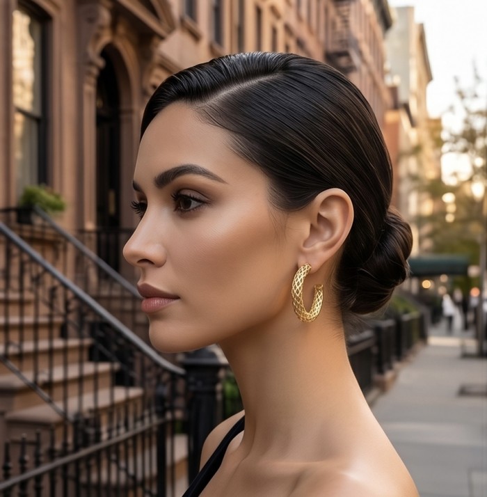 Dubai Style - .925 Sterling Silver dipped in 22K Gold handmade Earrings - Side view of Dubai Style gold hoop earrings worn on model.