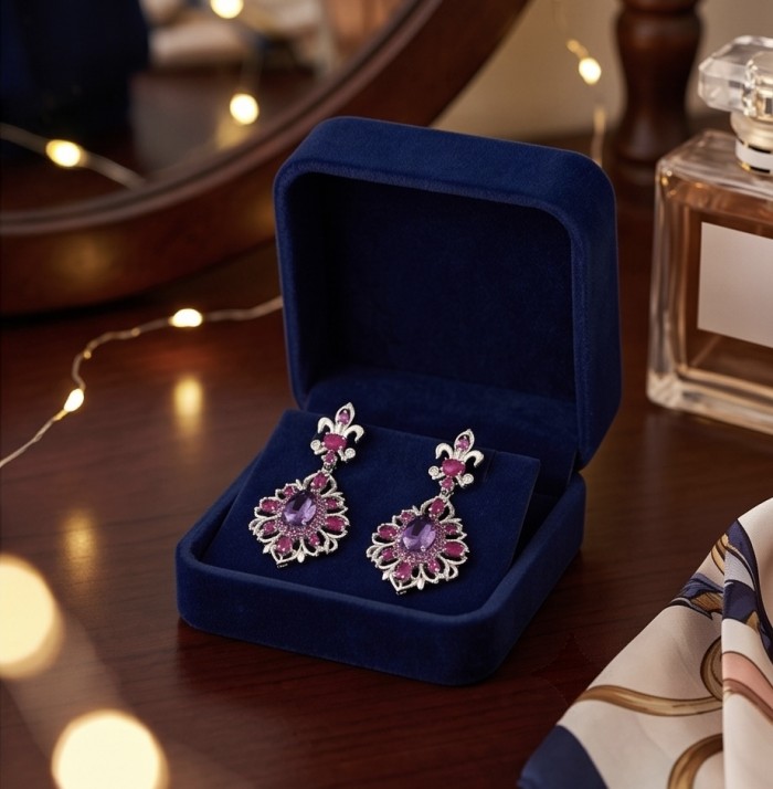 Francesca Genuine 22.7 carat Amethyst Kashmir Ruby rhodium over .925 Sterling Silver handcrafted earrings - Amethyst earrings in a blue velvet box on a wooden surface.