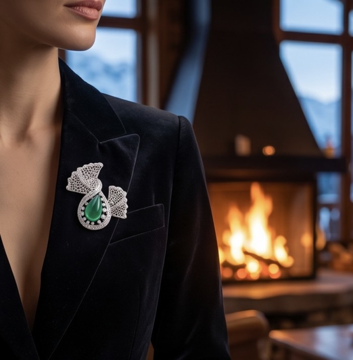 Black Label Collection - Retro Style - Genuine 10.5 carat Colombian Emerald .925 Sterling Silver handmade Brooch - Brooch with green stone, worn on lapel, cozy fireplace in background.