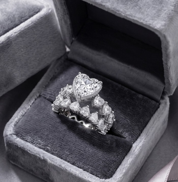 Pure Love Spectacular 20.9 carat White Topaz .925 Sterling Silver stacking ring size 8 - Heart-shaped topaz ring in gray velvet box, top angle view.