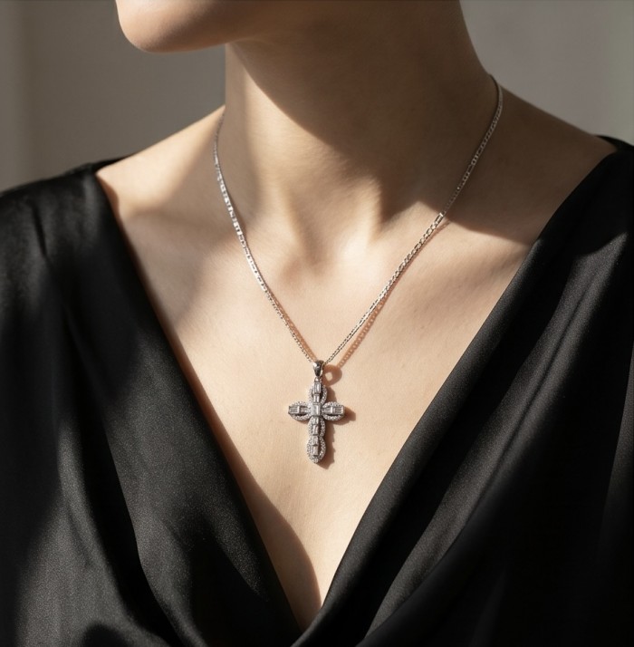 Precious Cross Genuine 14K White rhodium over .925 Sterling Silver handmade necklace - Cross pendant necklace worn on neck, front view.