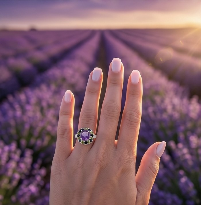 Francesca Genuine 7.7 carat Brazilian Amethyst rhodium over .925 Sterling Silver handcrafted Statement Ring size 8 1/4 - Amethyst ring worn on hand with lavender field backdrop.