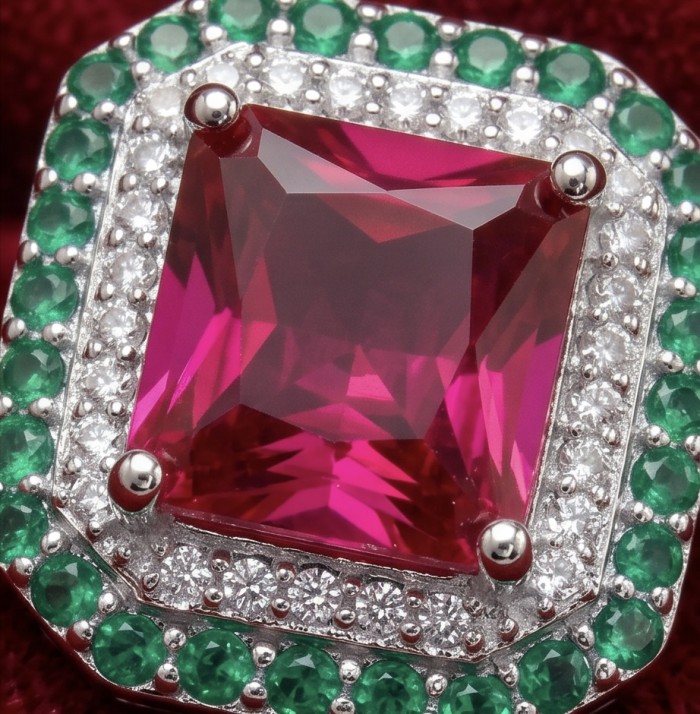 Bella Rosa Genuine 4.8 CARAT Star Ruby rhodium over .925 Sterling Silver Statement Ring size 8 - Close-up of Bella Rosa 4.8 carat star ruby with emerald and diamond accents.