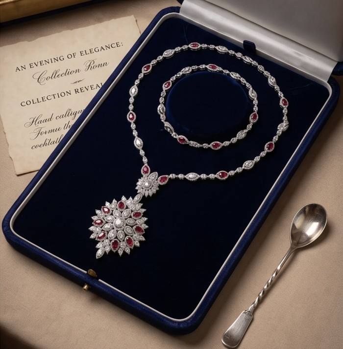 Isabella - Beauty of Nature- natural 32.5 carat Ruby Rhodium over .925 Sterling Silver handmade 28 INCHES Statement necklace - Necklace set in box, top view with invitation and spoon nearby.