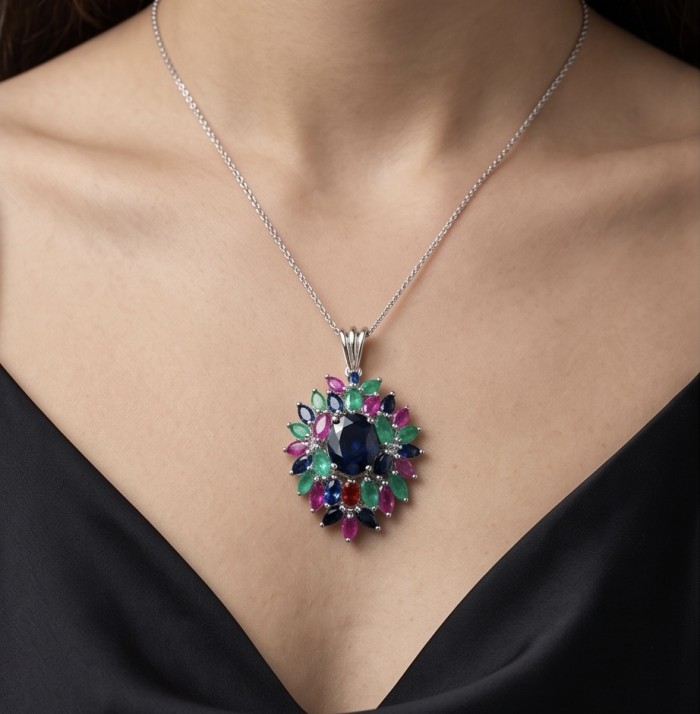 Enchanted Ocean oval cut 18.5 carat London Blue Topaz .925 Sterling Silver handmade Pendant - Pendant with multicolor gems worn on neck, close-up view