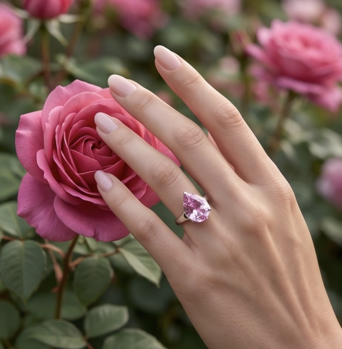 Tiffany - authentic pear cut 14.5 carat Pink Sapphire .925 Sterling Silver Handcrafted Statement Ring size 9 - Pink sapphire ring on hand with a rose bouquet background