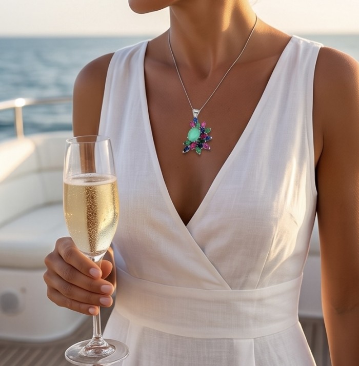 Charming Beauty 18.4 ctw Ruby Emerald Sapphire .925 Sterling Silver handcrafted Statement pendant - Necklace worn on model, showcasing vibrant gemstones in a boat setting.