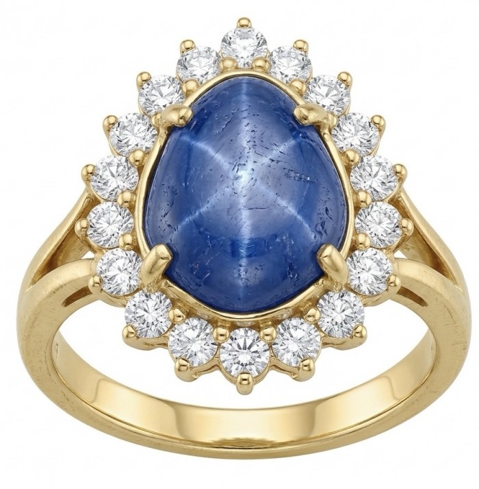 Precious Design pear cut 19.5 CARAT Tanzanite 22K Gold over .925 Sterling Silver Statement Ring s. 7 - Close-up of pear-cut tanzanite ring with diamond halo in gold setting