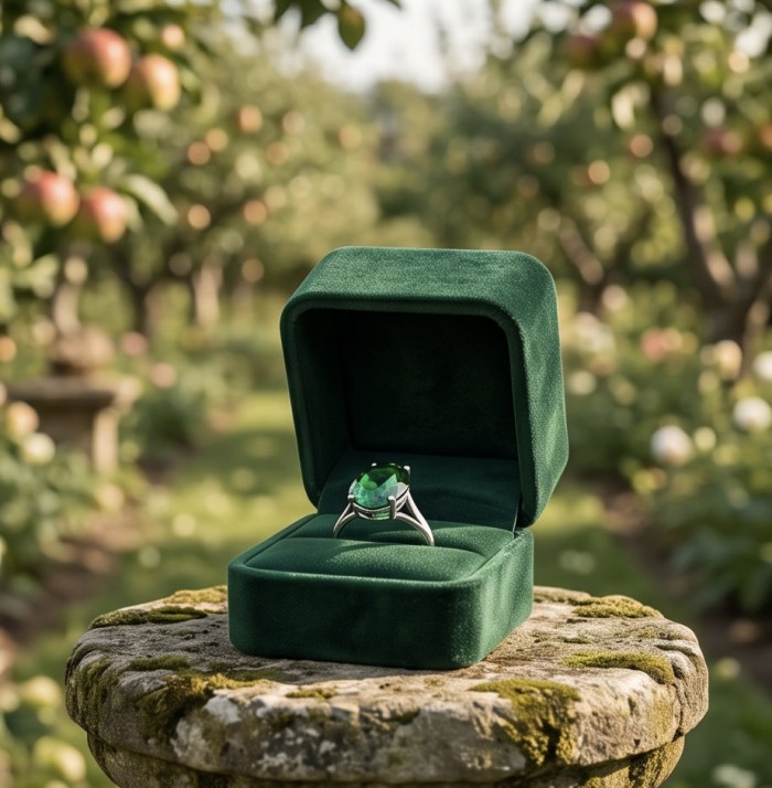 Green Royalty Natural 21.6 carat Chrome Diopside .925 Sterling Silver ring size 5 1/2 - Green Chrome Diopside ring in open box on stone column, garden backdrop.