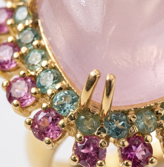 Scarlett 12.9 carat Rose Quartz 18K Rose Gold over .925 Sterling Silver handcrafted Statement Ring size 7 - Close-up of Scarlett Rose Quartz ring with colorful gemstone accents