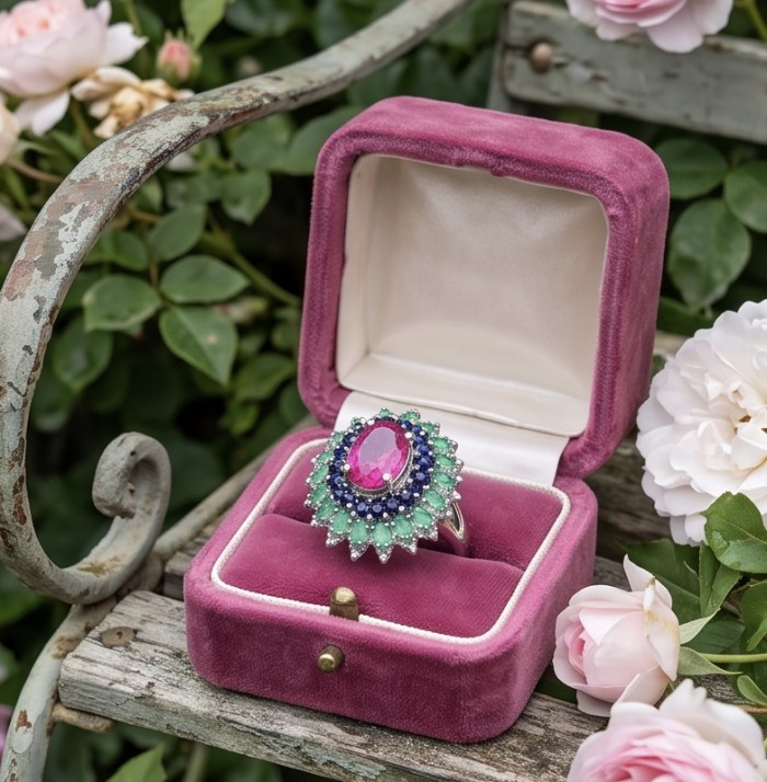 Giovanna 19.2 carat Ruby Emerald Sapphire .925 Sterling Silver dipped rhodium handmade Statement Ring size 6 3/4 - Ruby and sapphire ring in pink velvet box, garden background.