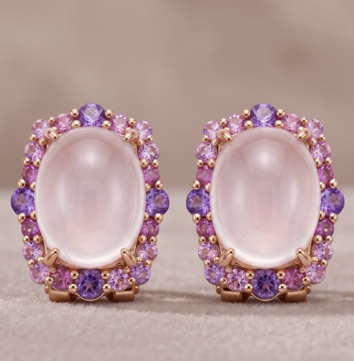 The Love Stone - Authentic 8.9 carat Rose Quartz .925 Sterling Silver luxuriously dipped in 22K Rose Gold handmade earrings - Front view of rose quartz earrings with purple gemstone accents.